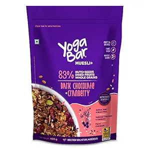 Yogabar Wholegrain Breakfast Muesli - Dark Chocolate + Cranberry, 400g (Single Pack) | Healthy Breakfast Cereals | Granola | Gluten Free | Antioxidant Rich | Healthy Food for Breakfast | Protein Rich