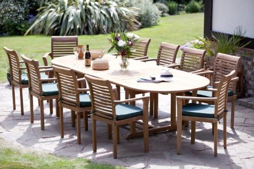 Humber Imports "Antibes" Top Grade SVLK Compliant Teak Patio Outdoor Garden Set. New 2018 Model 2.96 Metre Extension Table 10 Stacking Chairs &amp; Cushions