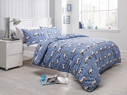 FINLAYS FASHIONS HORSES ANIMAL BLUE NATURAL PINK DUVET QUILT COVER PILLOWCASE BEDDING SET SINGLE DOUBLE KING SUPERKING SIZES (Double, Blue)