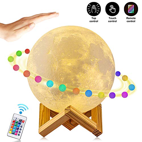 Lampara Luna, AFBEST 16 colores 15 cm 3 maneras de control 4 modos de conversión de luz Impresión 3D LED Luz de la luna Control remoto Sin graduación Atenuación con soporte de madera