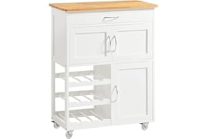 SoBuy Carrito Auxiliar de Cocina con Ruedas Mueble Cocina Auxiliar con Cajón, Botellero y Estantes Carro Cocina Multifuncional como Mesa Auxiliar para Estantería Comedor Exteriores Blanco FKW45-WN
