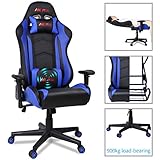 MC Star Chaise Gaming PC Racing Fauteuil de Gamer Siège de Bureau Ergonomique Dossier Haut Inclinable Réglables 14cm Éponge avec Coussin Lombaire et Appui-tête [Racing Bleu]