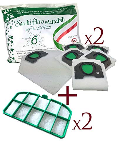 Sacchetto Microfibra Made in Italy + Filtro Griglia Motore per Aspirapolvere Folletto Vorwerk vk 200 - vk 201 garantito S&G group (12 Sacchetti + 2 Filtro)