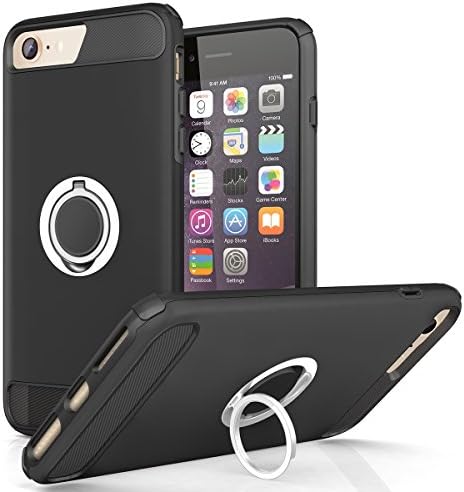 iPhone 6/6S/7/8 Case Dual Layer Silicone Rubber Hybrid Durable Shockproof Bumper Protective Anti-Scratch Impact Resistant Cover with Ring Kickstand Matte Black