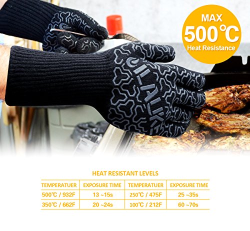 Grillhandschuhe Premium bis 500 °C Grill Ofenhansschuhe ilauke Kamin Backen Hitzebeständige Handschuhe aus Kevlar-Nomex Gewebe EN407 2er extra lang für extreme Sicherheit gratis 100 Einweg Handschuhe - 3