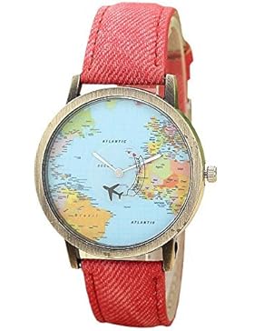 Mini World Unisex Armbanduhr Weltkarte bewegliches Flugzeug als Sekundenzeiger Analog Quarz bronze rot