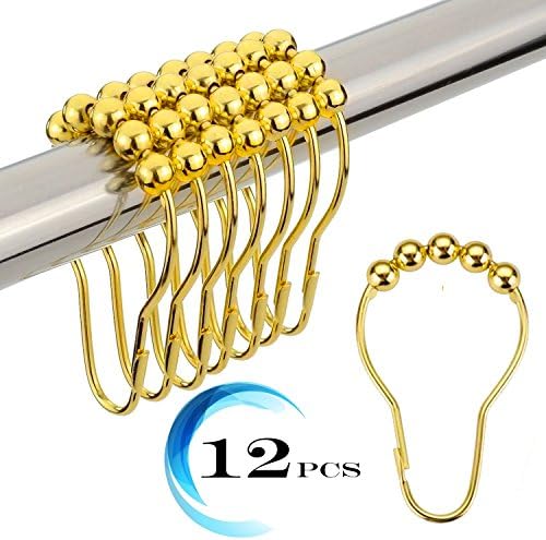Shower Curtain Hooks, Bathroom Curtain Rings Stainless Steel Rustproof Metal Double Glide Polished Chrome Set of 12 Hooks (Gold)