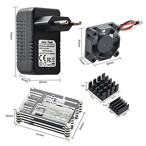Aukru 9 Capas Caja de Refrigeraci  n   Micro USB 5V 3000mA Cargador con Interruptor   disipador de Calor   Mini Ventilador   4 Tornillos y Destornillador para Raspberry Pi 3 Modelo B