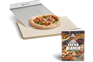 Pierre à pizza rectangulaire en cordiérite avec pelle à pizza en acier inoxydable, pour la préparation du pain, de la tarte flambée & de la pizza, pierre réfractaire pour barbecue - 38 x 30 x 1,5 cm