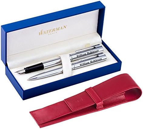 Personalised Laser engraved stylish Set Waterman Fountain Pen and Ballpoint Pen Graduate Chrom + PAGANI Red - Ideal Gift - Comes with Genuine Leather Pen Case Pagani London Collection and Gift Box