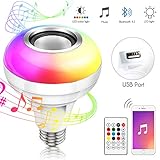 🎶 Bluetooth 4.2 Verbindung und USB-Anschluss: Diese LED Musik Licht Glühbirne unterstützt Bluetooth 4.2 Verbindungen und ermöglicht eine stabile und schnelle drahtlose Übertragung, dass die effektive Entfernung bis zu 20 m. Neues aktualisiertes Produkt, hinzugefügter USB-Anschluss, kann nicht nur Musik über das angeschlossene Gerät abspielen, sondern kann auch Musik auf U-Disk herunterladen, U-Disk einstecken, um sie abzuspielen.