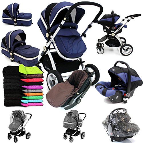 i-Safe System - Navy Trio Travel System Pram & Luxury Stroller 3 in 1 Complete With Car Seat + Footmuff + Carseat Footmuff + RainCovers