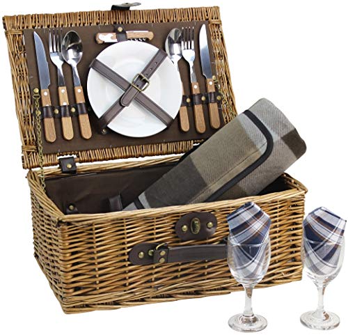 HappyPicnic Cestino da Picnic in Vimini per 2 Persone con Set di Servizi Posate, Willow Hamper Forniture Kit per Il Giorno di San Valentino Festa all'aperto per 2