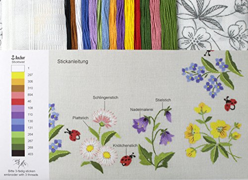 Stickpackung FRÜHLINGSWIESE / Komplettes Vorgezeichnetes Tischdecken Set zum Sticken / Stickset mit Stickvorlage für Erwachsene - 2