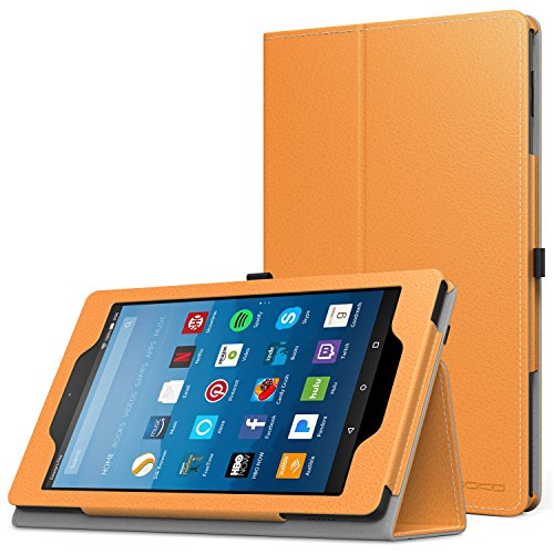 MoKo Hülle für All-New Amazon Fire HD 8 Tablet (7th Generation – 2017 Modell) - Kunstleder Ständer Schutzhülle Smart Cover mit Stift-Schleife für das neue Fire HD 8, Orange