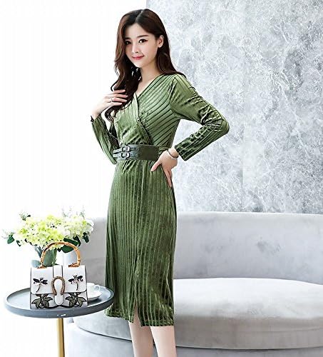 Y dress Gold Velvet Dress Long-Sleeved Autumn Women 'S V-Collar Section of the High Waist Was Thin Autumn Winter Skirt,Green,XL