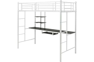 Multigot Bunk Bed with Desk, 2-Side Ladder Single Loft Bed with Open Shelves and Safety Guardrail, Metal Frame High Sleeper for Kids Teenagers Adults (White)