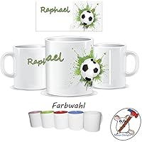 Kinder-Tasse mit Fußball Motiv und Name / Tasse für Kinder mit Name / Fussball / Farbwahl Tasse + Schriftwahl für Name + Keramik oder Kunststofftasse
