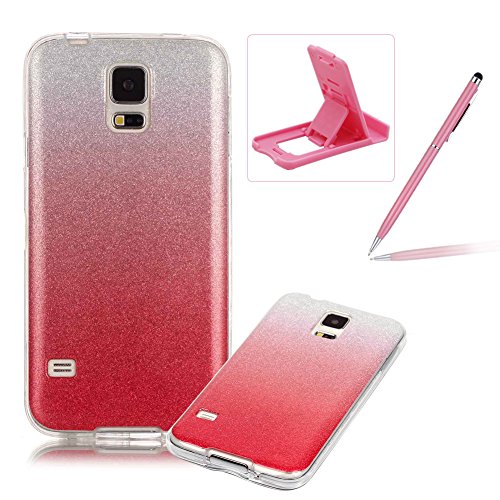 Für Samsung Galaxy S5/S5 Neo Hülle Weiches Silikon Glitzer Schutzhülle Tasche Case,Hochwertig Leicht Gummi Schutz Hoch Handyhüllen Schale Etui,Herzzer Modisch Luxus Silikon Bunt Hülle [Farbverlauf Gradient Farbe] Regenbogen Bling Ultradünn Slim Schutztasche Hülle Bumper Case Back Cover für Samsung Galaxy S5/S5 Neo + 1 x Frei Rosa Handy Halterung Ständer + 1 x Frei Rosa Touch Pen Stift Stylus - Rosa