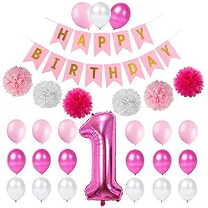 Party Propz Girls First Birthday Decorations Items Combo 23Pcs for Baby Girl 1st Bday Decor/Photo Booth Backdrop Decoration materials/1st Birth Day Party D?cor/Stylish Latest Pink White Birthday Set