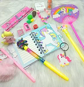 Tera13 Unicorn Diary for Girls with Stationary sharper Folder Glitter Pen led Pen Pencil Set for Kids Combo for School Kids Birthday Gift Return Gift (Combo of 11 Items)