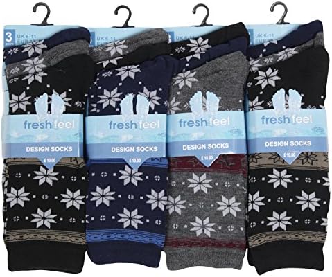12 Pairs Mens Designer Socks Cotton Rich Lycra Design Socks Size 6-11 Fathers Day Christmas Gift Valentines Day Gift Socks Snowflake Design