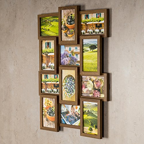 levandeo Holz Bilderrahmen Farbe: Nussbaum braun hochwertig verarbeitet für 12 Fotos 10x15cm mit Glasscheiben – Querformat und Hochformat Fotogalerie Collage Fotocollage Bildergalerie Fotorahmen - 2