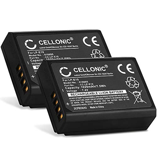 CELLONIC 2X Batería Premium Compatible con Canon EOS 1100D 1200D 1300D EOS 1D X EOS 2000D EOS 4000D EOS Kiss X50 Kiss X70 Kiss X80 EOS Rebel T3 Rebel T5 Rebel T6, LP-E10 1020mAh bateria Repuesto Pila