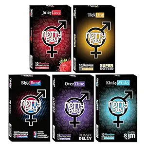 NOTTY BOY Condom Honeymoon Package- Ribbed, Ultra Thin, Extra Time, Strawberry Flavoured, Contour and Raised Dots Condoms - (5x10s)