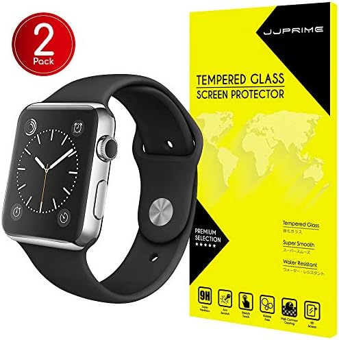 JJPRIME - Screen Protector Compatible with Apple Watch 42MM Serial 3,2,1, Tempered Glass HD Clear Film (Carbon Fiber Border 2-Pack)