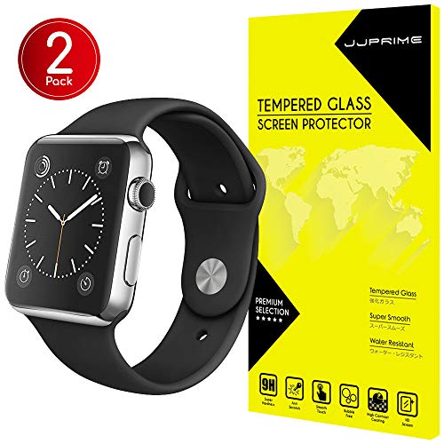 JJPRIME - Screen Protector Compatible with Apple Watch 42MM Serial 3,2,1, Tempered Glass HD Clear Film (Carbon Fiber Border 2-Pack)