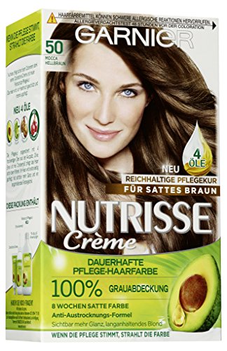 Garnier Nutrisse Creme Coloration Mocca Hellbraun 50, Färbung für Haare für permanente Haarfarbe (mit 3 nährenden Ölen) - 1 Stück