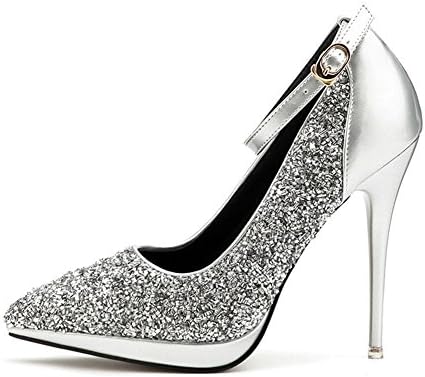 WYWQ Women'S Singles Shoes Pointed Toe Fine High Heels One Word Band Sequins Shallow Mouth Buckle Party Prom Wedding Shoes , Silver , 34