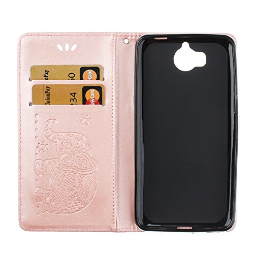 Cover Huawei Y5 2017, Custodia Huawei Y6 2017, CaseLover PU Pelle Libro Flip Portafoglio Goffratura Elefante Custodia per Huawei Nova Young / Huawei Y5 III Interno Silicone TPU Protettiva Caso con Porta Carte Chiusura Magnetica Supporto Funzione Appoggio Cuoio Protezione Copertura (5.0 Pollici) - Oro Rosa