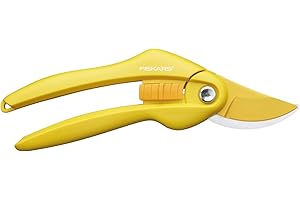 Fiskars Sécateur à lame franche pour bois vert et tendre, Longueur : 20 cm, Revêtement antiadhésif, Lames en acier au carbone/Poignées en plastique, Safran, Inspiration, 1027494