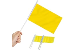 Paquete de 12 mini banderas amarillas de Anley - Banderas pequeñas en miniatura amarillas sólidas en blanco en el palo - Colores vivos - 5x8 pulgadas con poste sólido y parte superior de lanza