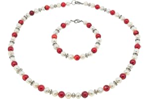Treasure Bay Elegante juego de collar, pulsera y pendientes de perlas de agua dulce de coral rojo y blanco, Gema Plata, Perla