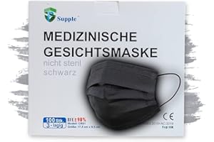 Supple by Demel Augenoptik 100 Stück Medizinischer Mundschutz SCHWARZ – TYP IIR (CE Zertifiziert), Atemschutzmaske Medizinisch Farbe: Black