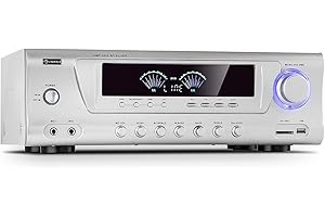 Auna AMP 3800 BT 5.0 - Amplificatore HiFi, 2 x 120 Watt + 3 x 50 Watt RMS, Bluetooth, Porta USB, Slot SD, 2 Connessioni Microfono, Dvd-Stereo-in, Stereo-Line-out, Argento