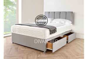 DIVANBEDSDEALS Grey Suede Kind Size Divan Bed with Mattress and Headboard and 2 Storage Drawers - 5FT King Size Bed with mattress (5FT (L= 200 cm x W= 150 cm) 2 Drawers)