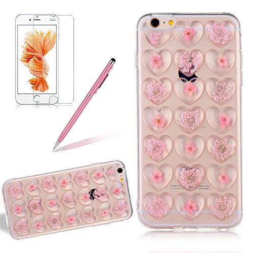 Preisvergleich Produktbild Transparent Silikon Hülle für iPhone 6S Plus, Girlyard Elegant Handgefertigte Echte Blumen Muster mit Liebe Herz 3D Design Schutzhülle Ultradünne Weiche Crystal Clear TPU Case Antirutsch Stoßfest für iPhone 6 Plus / iPhone 6S Plus (5.5 Zoll)