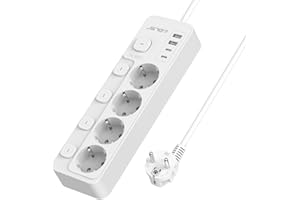 JSVER Bloc Multiprise USB avec 4 Prises Interrupteur Individuel,Multiprise avec 4 Ports USB Chargeur(2 USB A+2 USB C) Prise Multi Electrique pour la Maison Le Bureau ou la Cuisine,2M-Blanco