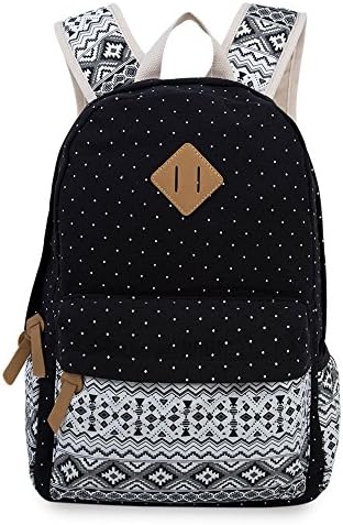 Girls Backpacks for School,WAWJ Ethnic Style Dot Canvas Laptop Travel Bag Schoolbag for Teens (Black)