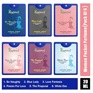 KAZIMA Pocket Perfume For Women, 20ML Each (Be Naughty, Blue Lady, Love Fantasia, Poison for love, The Proposal, White Dav) (Pack of 6)