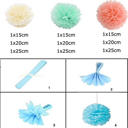 Freedom-vp Papier Pompom 9er 15cm/20cm/25cm Mixed DIY Papier Blumen PomPoms Zum Aufhängen Seidenpapier schöne Dekor für Geburtstag Hochzeitsfest Basteln Babyshower Dekoration Feier Party Baby-Duschen Brautduschen Wohnungdeko (Mintgrün-Beige-Peach) - 5