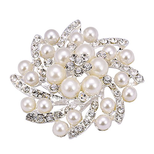 Winrembrandt Silver Faux Pearl Flower Diamond Crystal Decorative Brooches Rhinestones Flower Petals Brooches Clips Wedding Bridal Party