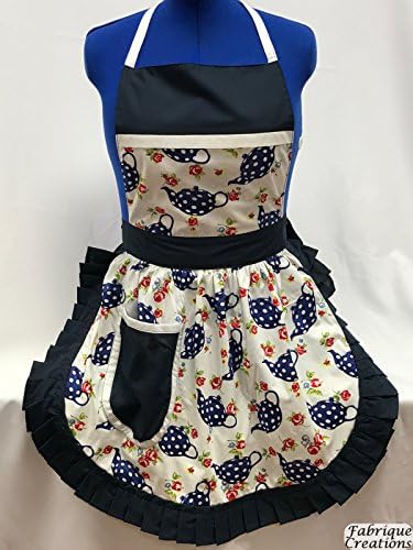 Fabrique Creations - Retro Vintage 50s Style Full Apron / Pinny - Navy &amp; White Teapots (Polka Dot) On White with Navy Trim (FC136F)