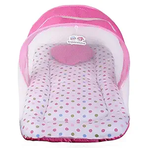 Superminis Multicolor Dot On White Base Design Bedding Set Thick Base, Foldable Mattress, Heart Shape Pillow and Zip Closure Mosquito Net (6-12 Months, Pink, 78X46X5cm)