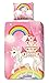 Produktbild Aminata Kids - Kinder-Bettwäsche-Set 135-x-200 cm Einhorn-Motiv Unicorn Sache-n Pferd-e Haus-Tiere 100-% Baumwolle Renforce rosa Weiss pink-e Regenbogen Schloss Mädchen