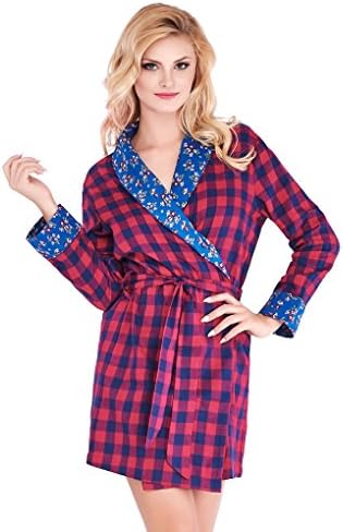 Mio Lounge Peggy Red and Blue Check Floral Soft Brushed Cotton Robe ML16C1RB S-M